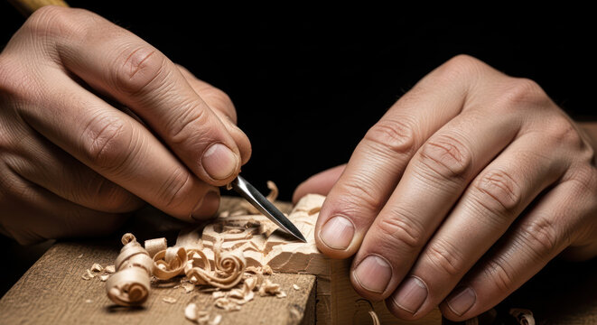 Hands meticulously carving wood with a sharp tool creating intricate details 2.