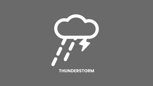 A white outlined thunderstorm cloud icon with lightning bolt and rain drops displayed on a dark charcoal gray background with label text