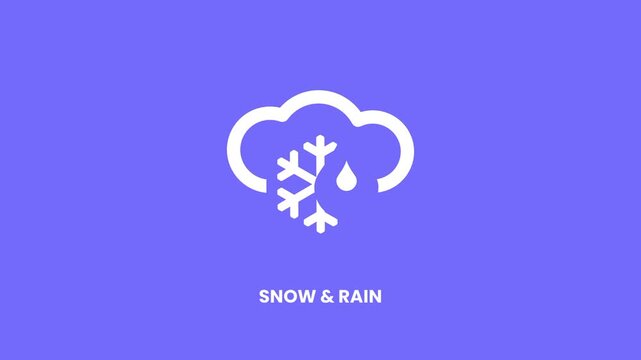 A white outlined cloud icon with snowflake and rain drop symbols on a rich purple to blue gradient background with descriptive label text