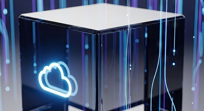 Abstract cloud computing data server cube with glowing lines and cloud icon