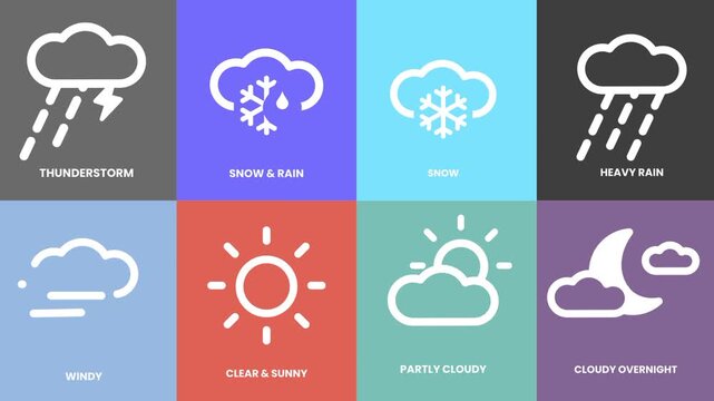 A grid collection of eight different flat weather icon tiles showing thunderstorm snow rain wind sunny partly cloudy and overnight conditions