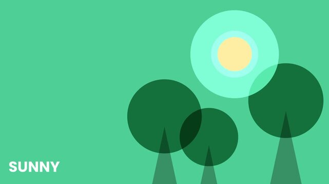 A vibrant flat design sunny landscape illustration featuring tall green trees and a bright yellow sun on a rich emerald green background