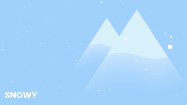 A flat design snowy winter landscape illustration featuring white mountain peaks against a light blue sky with snowy label text at bottom