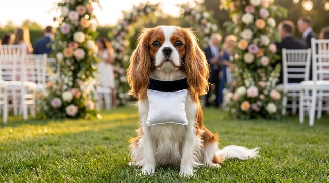 Charming Cavalier King Charles Spaniel Ring Bearer Dog at a Beautiful Outdoor Wedding Ceremony.