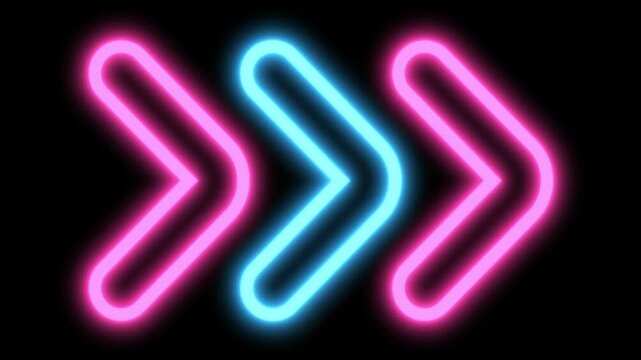 Blue and pink neon triple arrows glowing sequentially on a dark black background