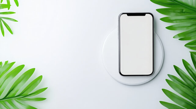 Smartphone wireless charging pad mockup with blank screen and green tropical leaves