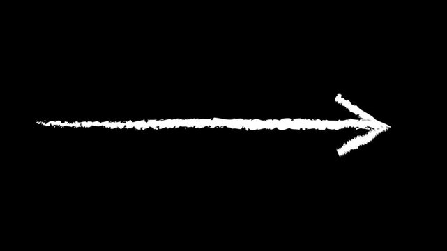 White hand drawn chalk arrow pointing right with textured animation on black background
