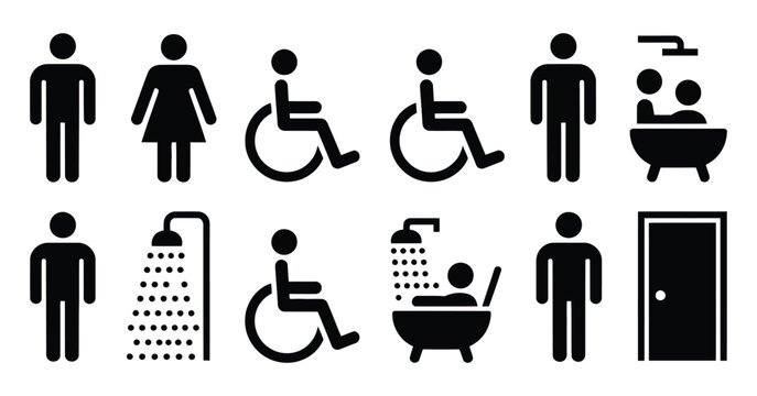 Restroom and bathing icons, including male female disabled toilet and shower symbols, clear universal pictograms in simple vector style, black and white signage set for public facilities wayfinding 