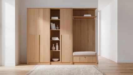 Fototapeta premium Minimalist Oak Wood Entryway Cabinet with Built-in Seating and Storage Units
