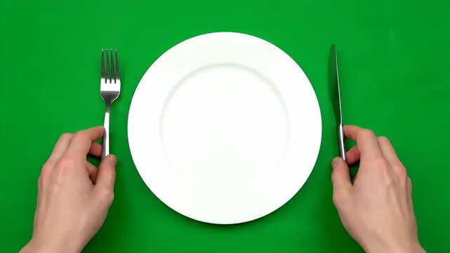 Empty White Plate with Silverware on Green Screen Table Setting for Dinner or Advertisement First