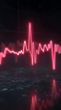 Close-up of a bright pink ecg heartbeat line on a dark background with a grid pattern and reflection