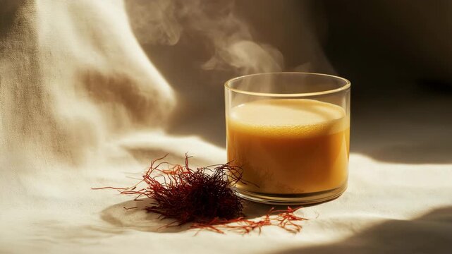 A glass cup of hot saffron tea.