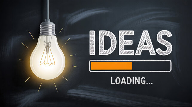 A glowing light bulb illuminates the word IDEAS with a loading bar on a chalkboard background