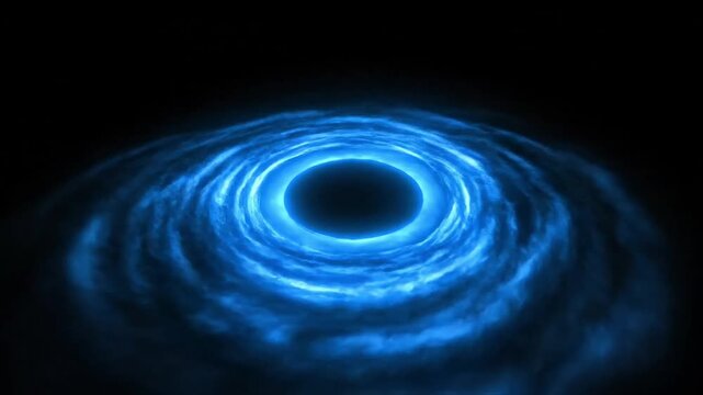 Black hole animation glowing with blue light energy particles rotating in dark space creating a mysterious vortex motion effect in this high quality seamless loop background video clip for project.