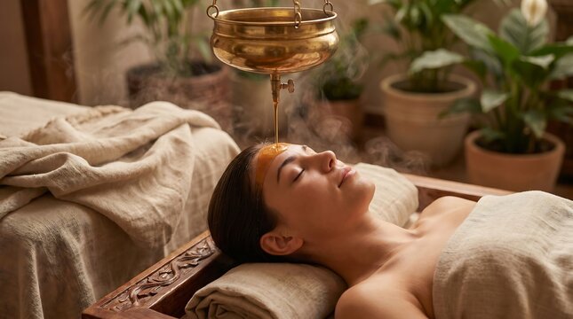Young woman receiving traditional Ayurvedic Shirodhara oil treatment at a luxury wellness spa for relaxation and stress relief.
