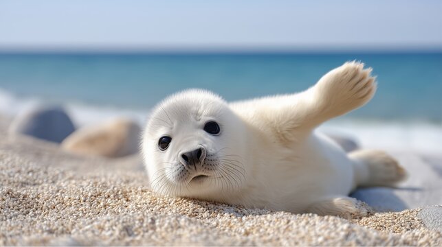 A cute baby seal lying on the beach, waving in the air