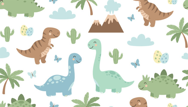 Seamless pattern of colorful kawaii dinosaurs and prehistoric elements including volcanoes, palm trees, and eggs isolated on a white background.