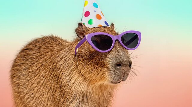 Funny capybara wearing purple sunglasses and colorful polka dot party hat posing on a pastel studio background.