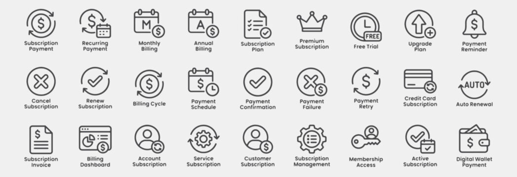 Subscription Management and Recurring Payment Line Icon Pack, including Subscription Payment, Recurring Payment, Monthly Billing, Annual Billing, Subscription Plan, Premium Subscription, and more.