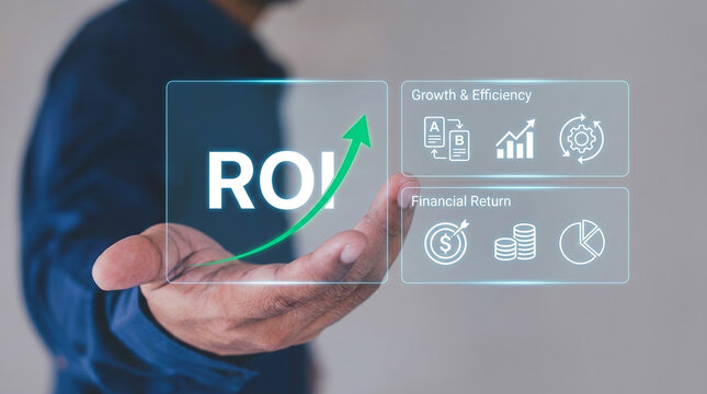 ROI RETURN ON INVESTMENT Businessman work ROI, business and finance concept, roi concept, 