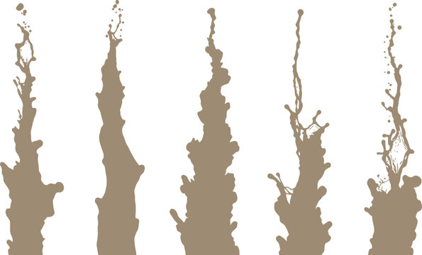 Set of five abstract brown liquid splashes with splatter abstract isolated background vertical component chemical substance viscosity explosion