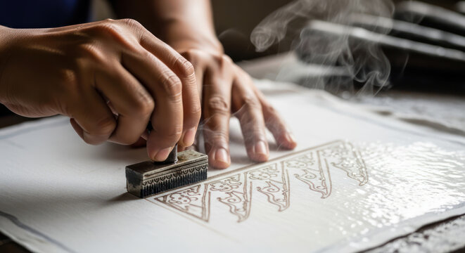 Batik Artisan Stamping Wax Designs on Fabric Using Traditional Copper Tool