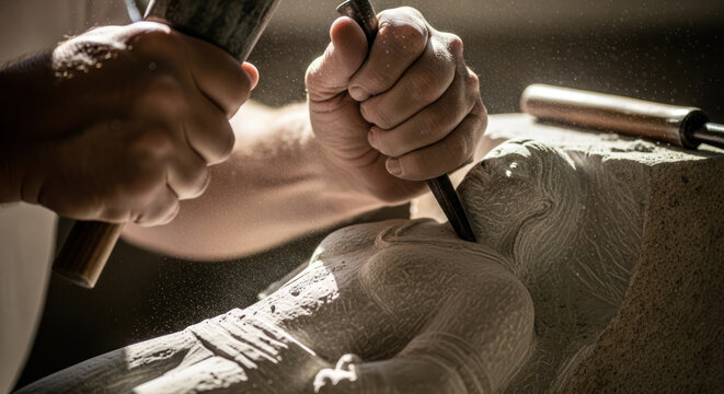 Hands meticulously sculpting stone with hammer and chisel artistic creation.