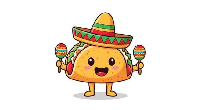 Happy Cartoon Taco Character Wearing Sombrero and Playing Maracas