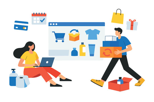 Subscription shopping concept shows recurring order, delivery box, and payment.