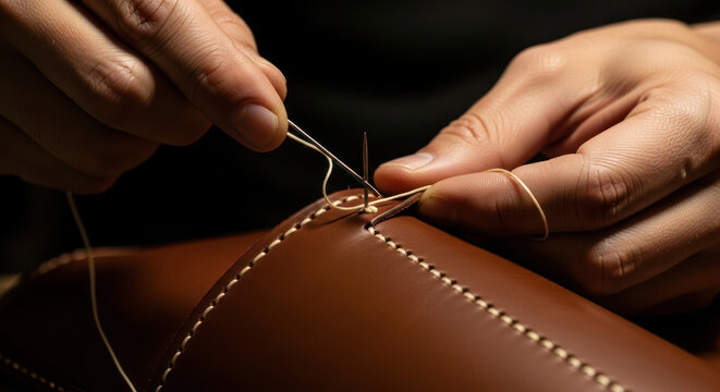 Hands meticulously sewing leather with needle and thread crafting a durable seam.