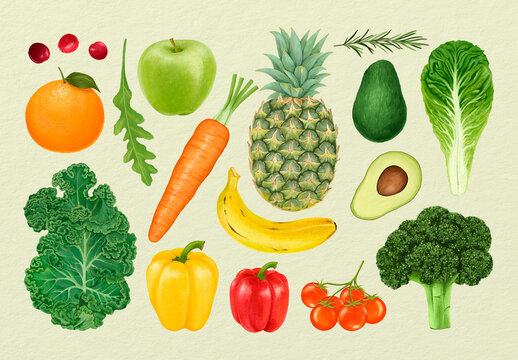 Colorful Fruits And Vegetables Illustration Element Set