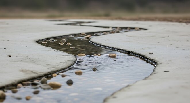 Winding water stream flowing through a crack in concrete with pebbles