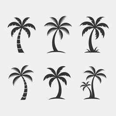 Fototapeta premium Collection of six black silhouette palm trees on a light gray background