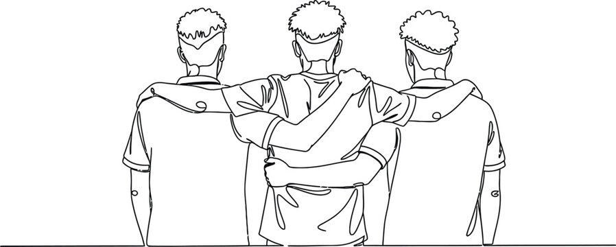 Three men with arms around each other continuous line drawing on white background