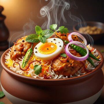 steaming bowl of nasi lemak with fried chicken, soft-boiled egg, and spicy sambal in earthenware pot