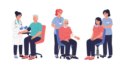 Obraz premium Healthcare professionals providing medical check-ups and patient support to seniors. Doctor and nurse caring for elderly people.