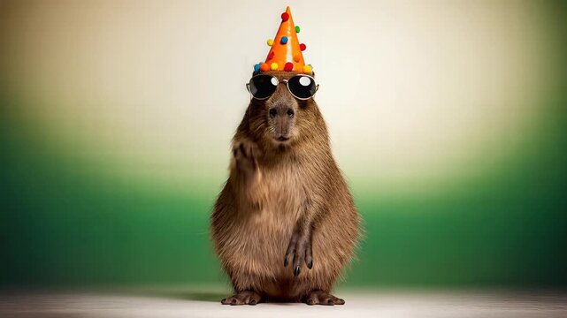 Funny capybara wearing sunglasses and party hat waving paw in studio against green background