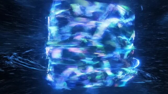 Abstract glowing energy cube rotating and transforming within a dark cosmic swirling vortex motion clip