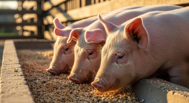pigs eating from trough on farm