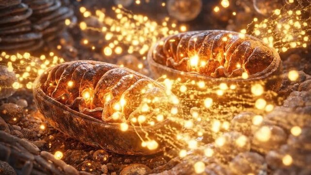 Glowing mitochondria structures inside cell, energy production, biological process, medical science concept.