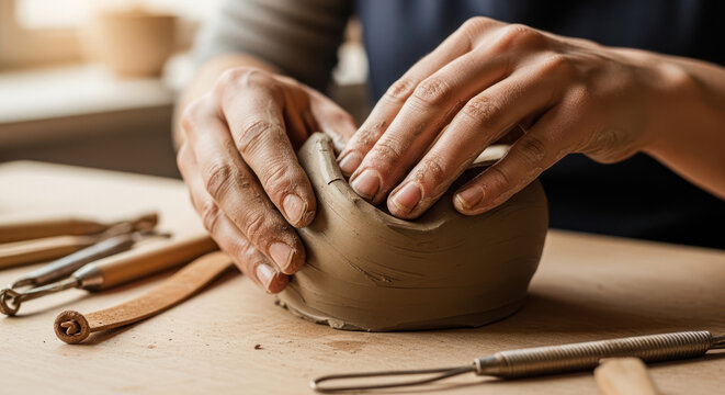 Hands shaping clay into a bowl with pottery tools nearby.