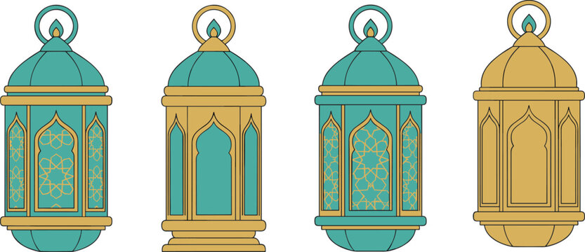 Set of four decorative teal and gold lanterns with geometric patterns isolated on a white background.