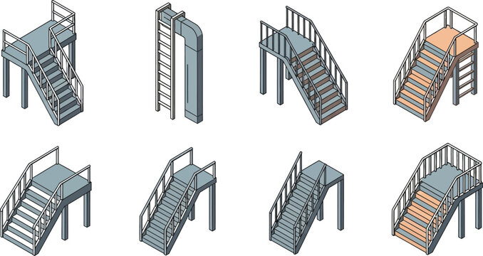 Industrial stairs isometric metal platforms and ladders set flat vector line art technical construction elements for architectural factory design illustration