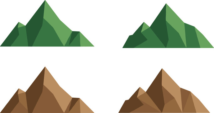 Set of four low-poly mountain ranges in green and brown tones isolated on a white background.
