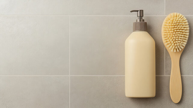 Cosmetic mockup with premium facial cleanser bottle and wooden brush on bathroom tile wall