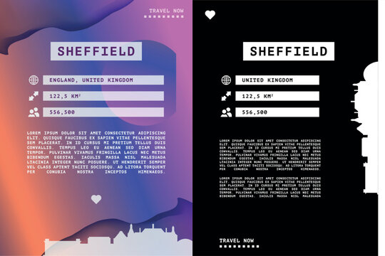 Sheffield, England poster, page design template with city information data and text areas. Travel marketing and tourism infographics concept for brochures, web design