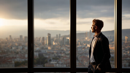 Fototapeta premium Corporate leader reflecting on business strategy and future vision. 