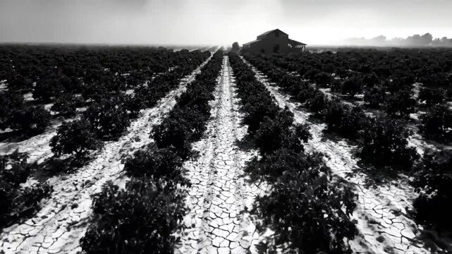 Black and white aerial view of a farm field with rows of plants and a barn in the distance.