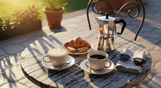 Breakfast coffee setup with pastries and sunlight on a wooden table outdoors