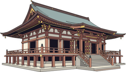 Obraz premium Traditional Japanese Shrine Building with Ornate Roof, Gold Accents, and Stone Platform